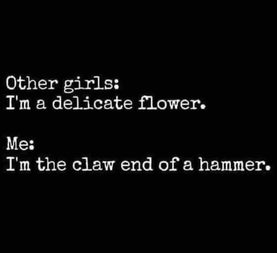 A black background with white text displays a comparison: 'Other girls: I'm a delicate flower.' followed by 'Me: I'm the…