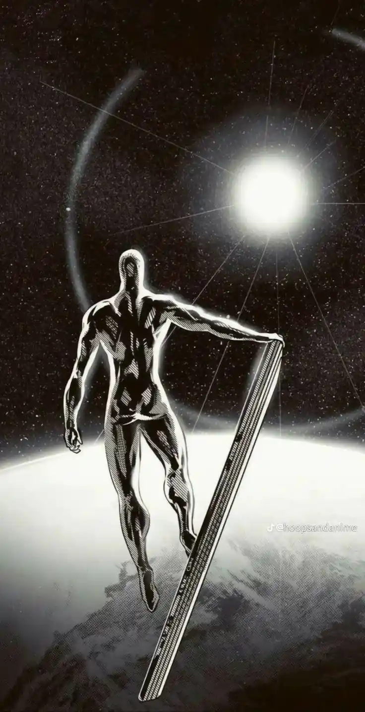A black-and-white illustration shows a muscular, faceless humanoid figure standing on the edge of a planet, holding a long…