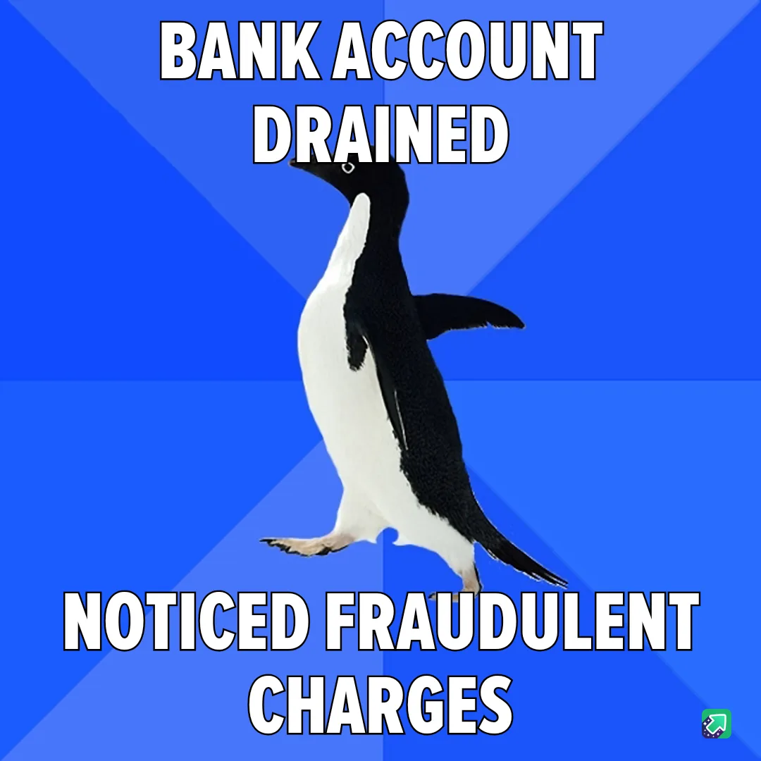 A black-and-white penguin stands against a blue background with diagonal stripes. White bold text at the top reads 'BANK…