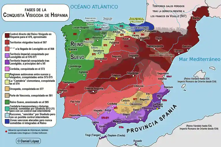 This is a detailed historical map titled 'Fases de la Conquista Visigoda de Hispania' showing the phases of the Visigothic…
