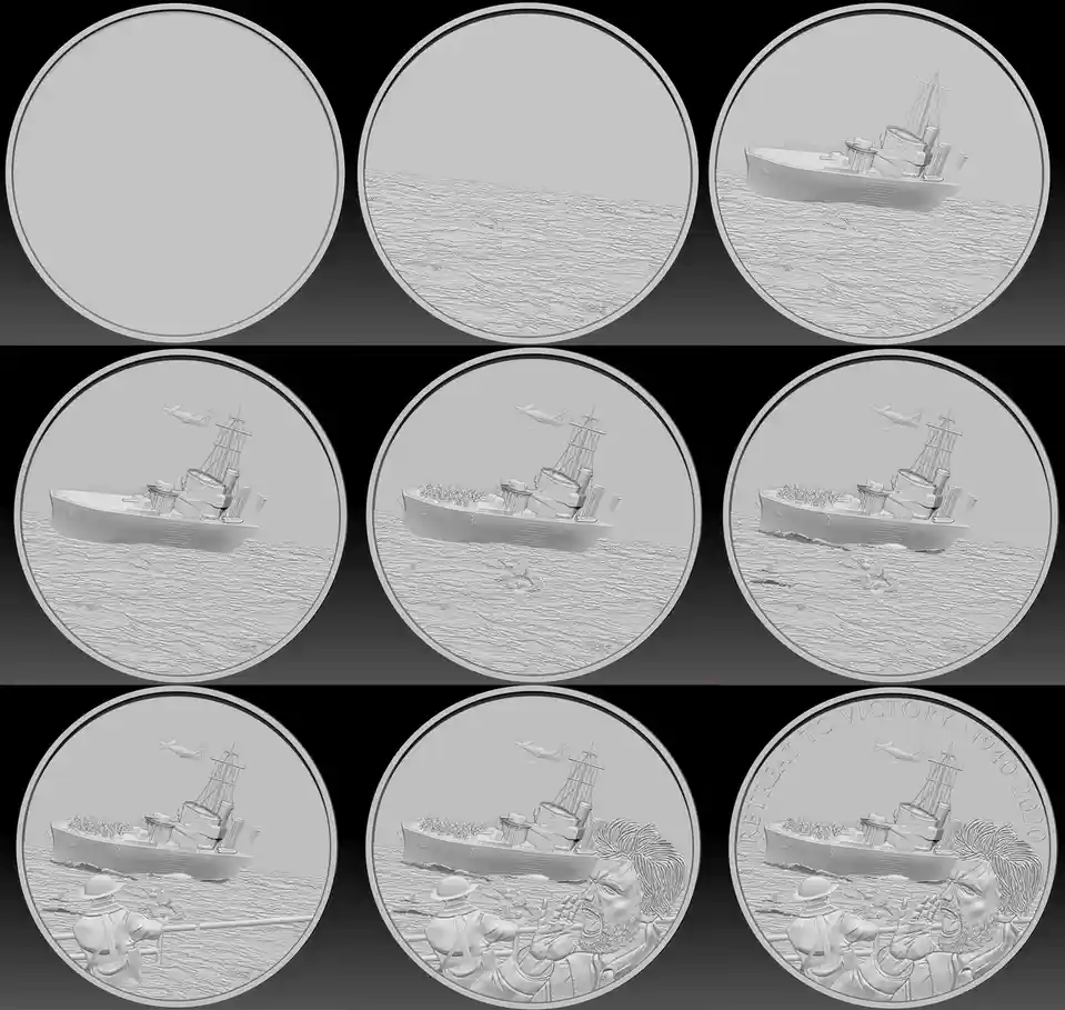A sequence of nine circular frames shows a ship's design evolving from blank to a detailed coin featuring a warship under…