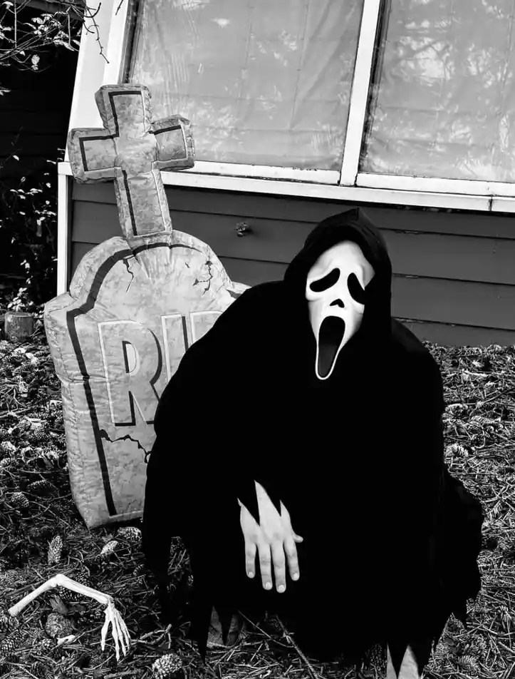 A black-and-white photo shows a person in a Ghostface costume from the 'Scream' movie franchise, crouching beside a large…