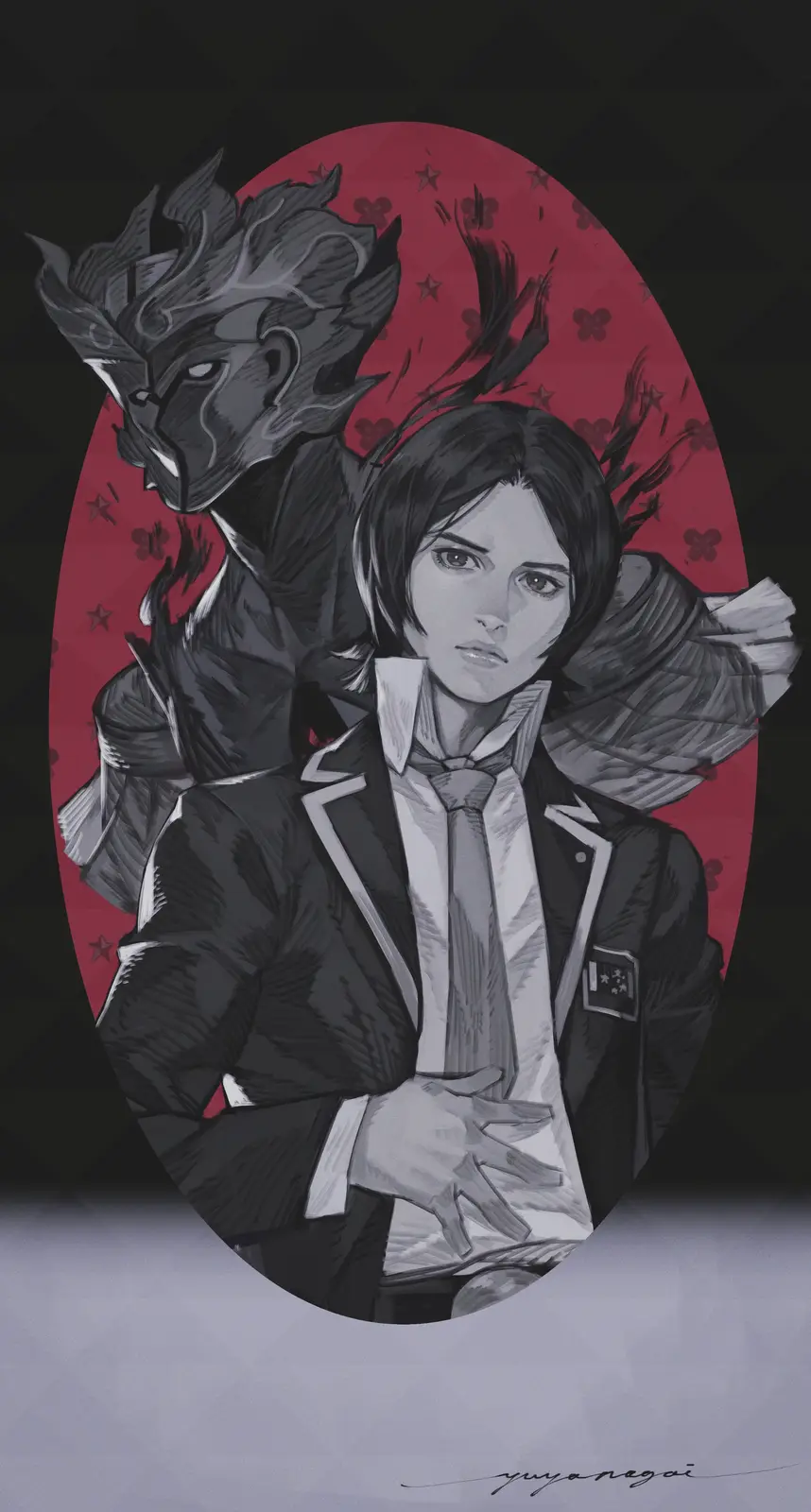 An anime-style illustration shows a young woman in a school uniform looking directly at the viewer with a serious…
