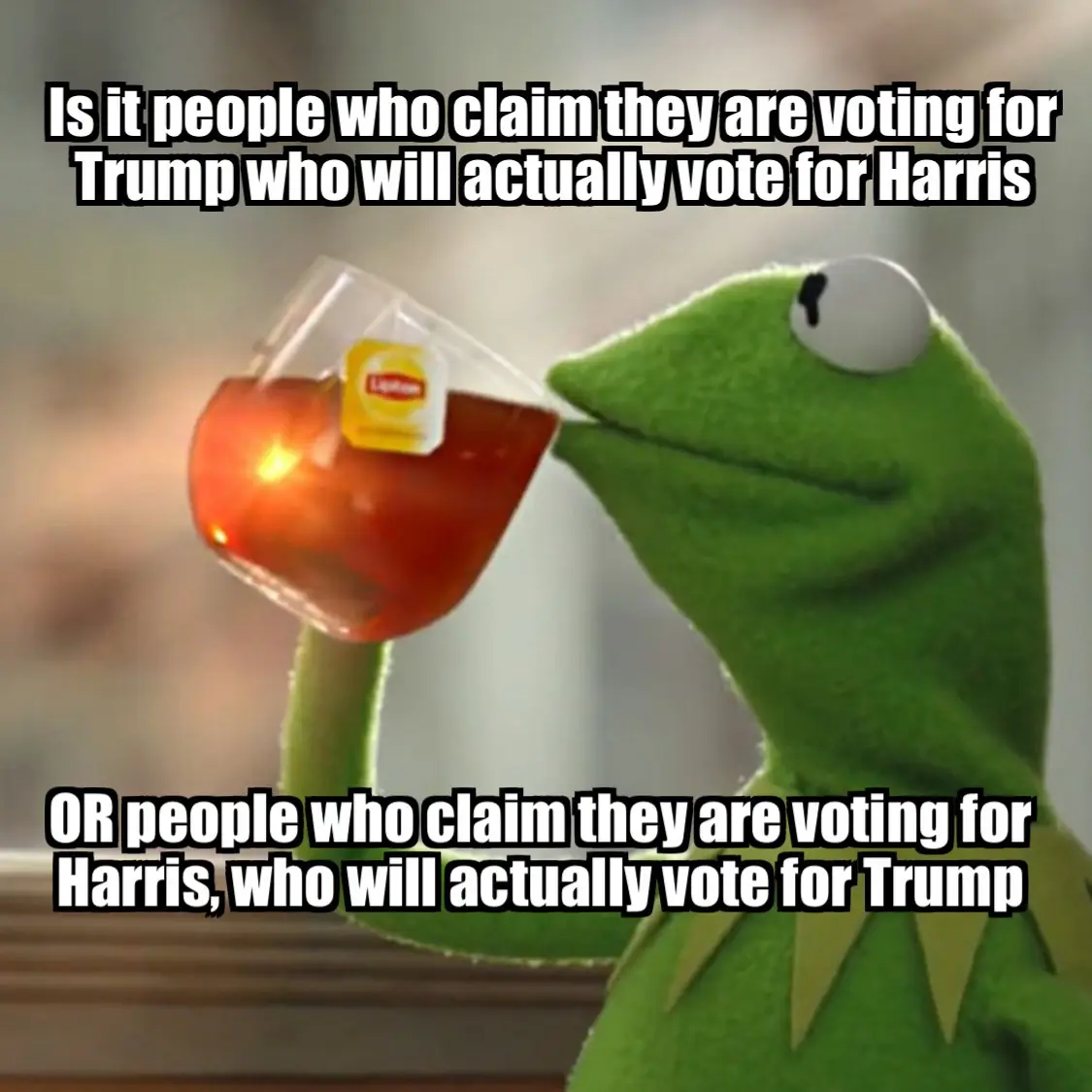 A green puppet frog, Kermit, sips tea from a glass cup with a Lipton tag visible, looking thoughtful. The image has two…