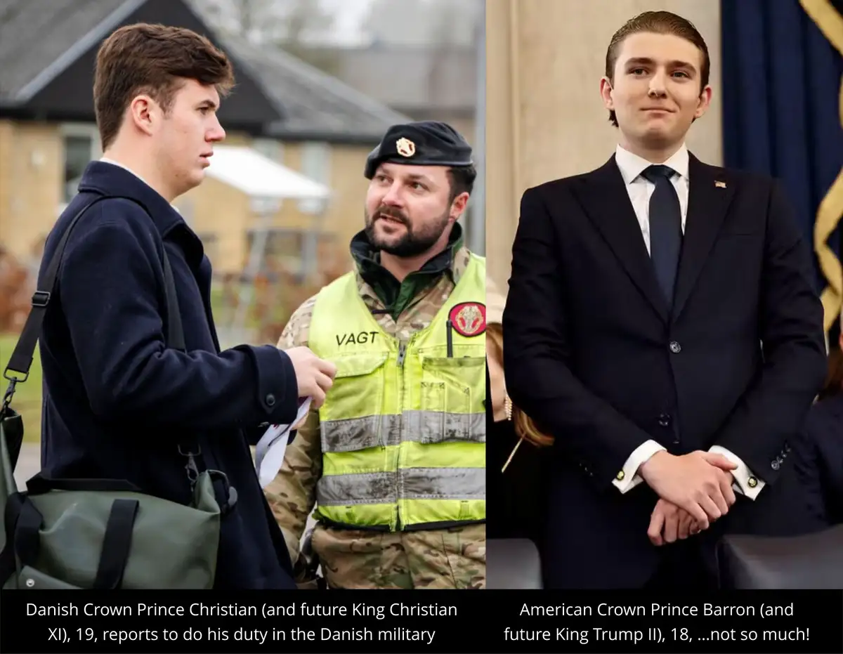 The image is split into two panels. Left: A young man in a dark coat and carrying a bag stands facing a uniformed guard in a…