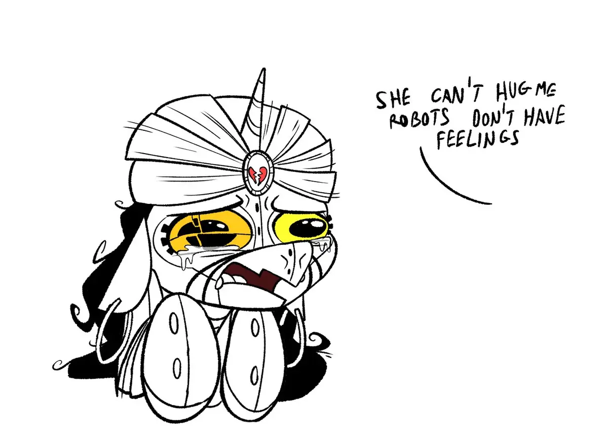A cartoon robot with a broken heart emblem on its head and tear-streaked yellow eyes is visibly crying, clutching its chest…
