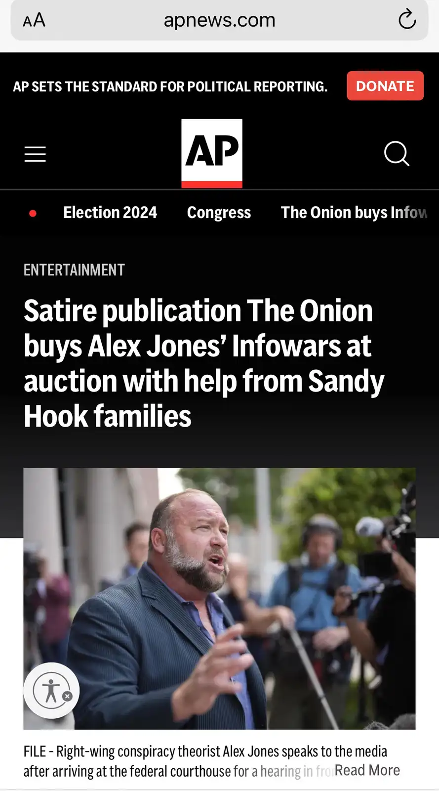 An image of a news article from AP News with a headline that reads 'Satire publication The Onion buys Alex Jones' Infowars…
