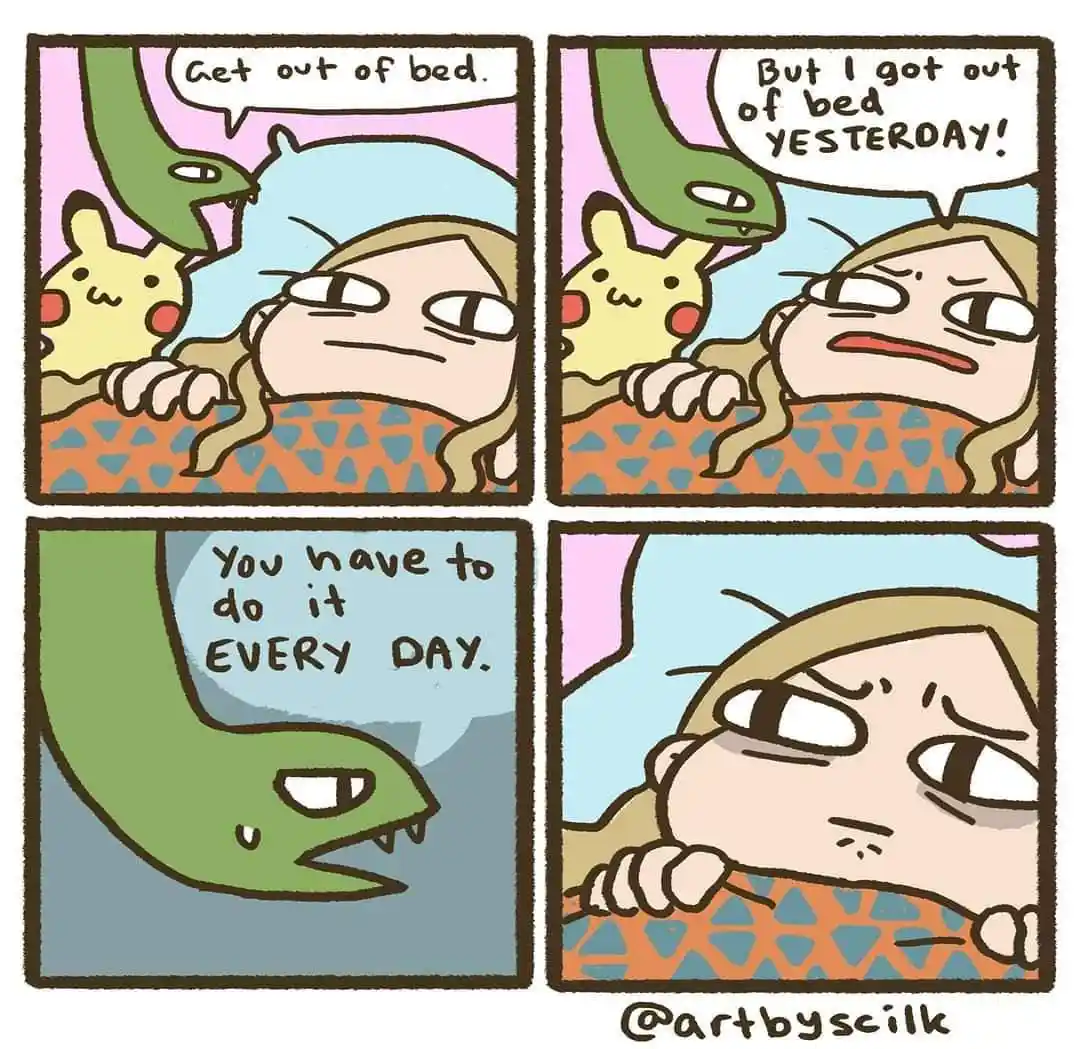 A four-panel comic shows a person in bed being told by a green snake to get out of bed. The person protests that they…