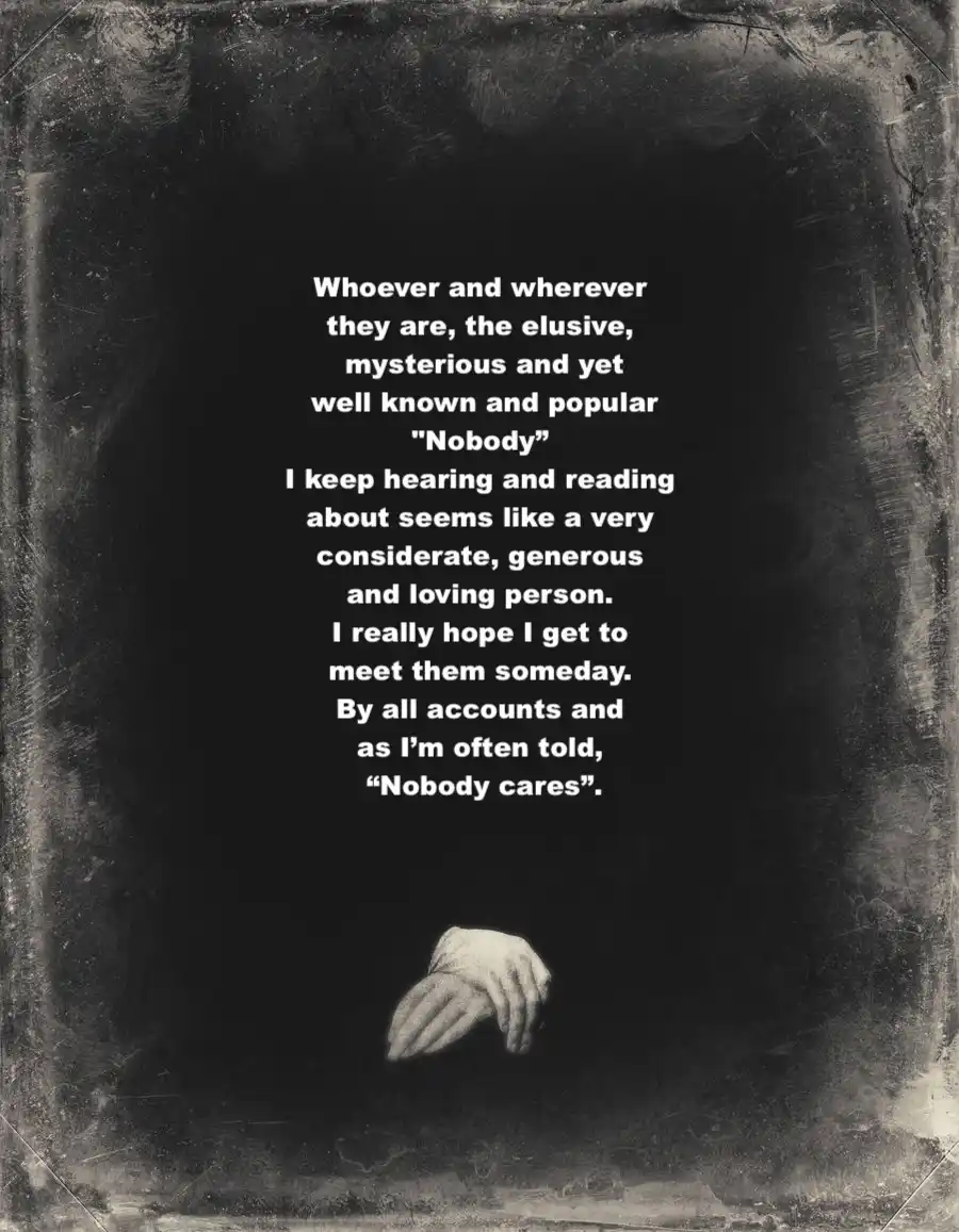 A black-and-white image with a distressed, vintage border shows a single hand resting at the bottom. Overlaid white text…