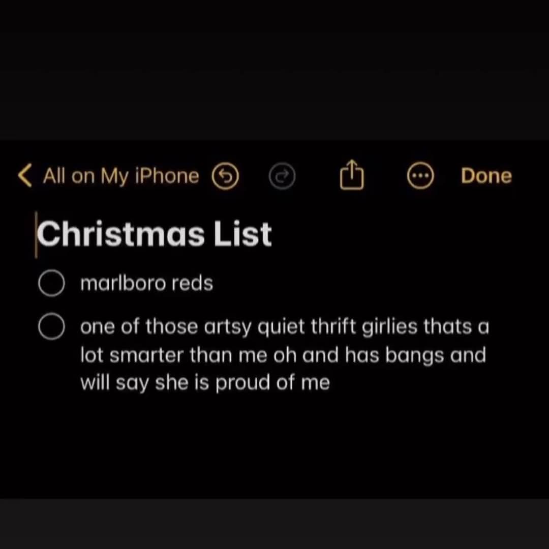 A screenshot of an iPhone Notes app titled 'Christmas List' with two unchecked checkboxes. The first item is 'marlboro…