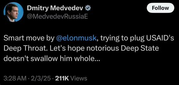 A screenshot of a tweet from Dmitry Medvedev's verified Twitter account, showing his profile picture and handle. The tweet…