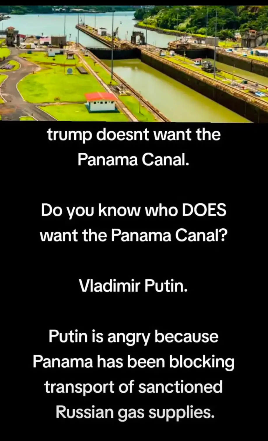 An aerial photo of the Panama Canal locks with green water and surrounding infrastructure. Overlaid white text on a black…