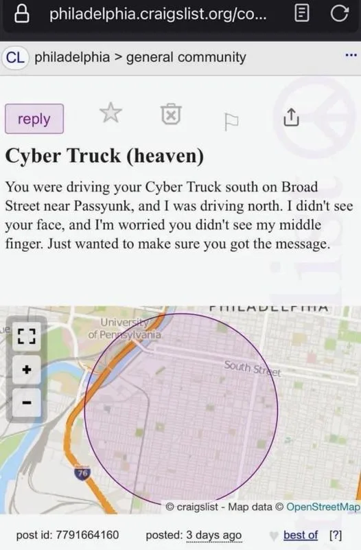 A screenshot of a Craigslist Philadelphia post titled 'Cyber Truck (heaven)' with a map below showing a purple circle around…