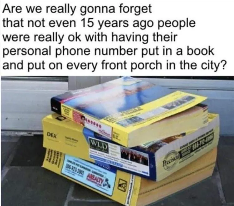 A stack of yellow and blue real estate and business directories sits on a porch step. The overlaid text asks if people will…