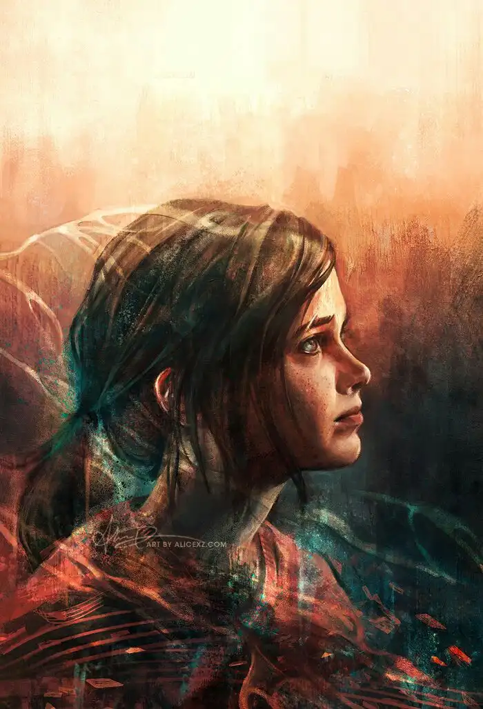 A painterly portrait of a young woman in profile, looking off to the right with a somber expression. Her face is illuminated…