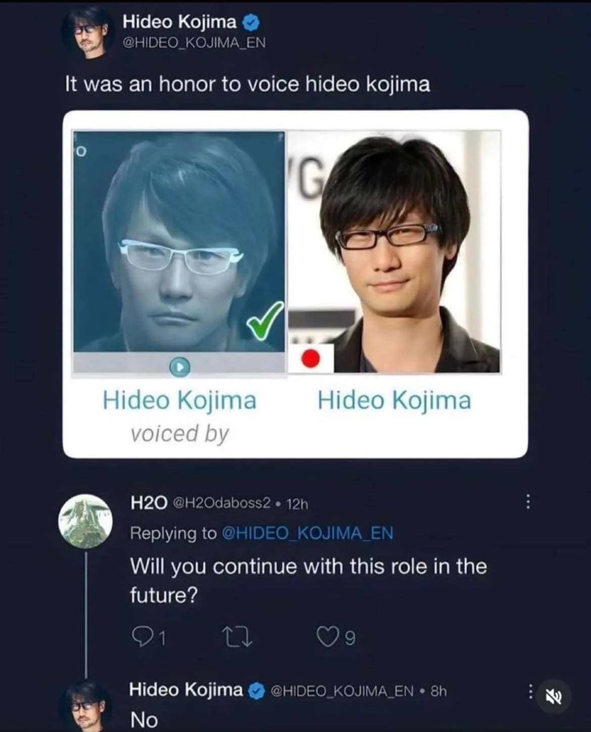 A screenshot of a tweet from Hideo Kojima showing a side-by-side comparison of his real face and a video game character…