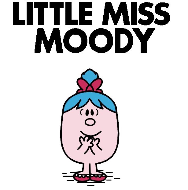 A cartoon character with a pink oval body, blue hair tied in a bow, and red shoes stands with hands clasped, looking…