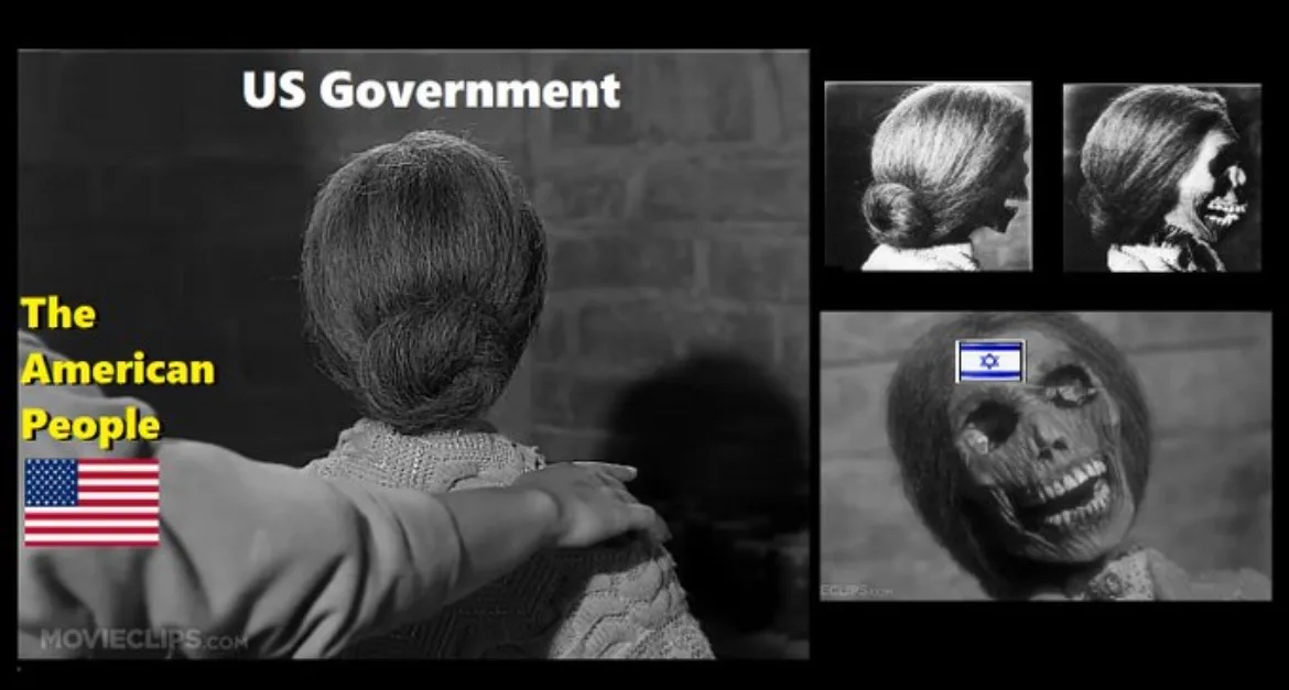 A black-and-white image shows a person from behind, with a hand on their shoulder, labeled 'US Government' and 'The American…