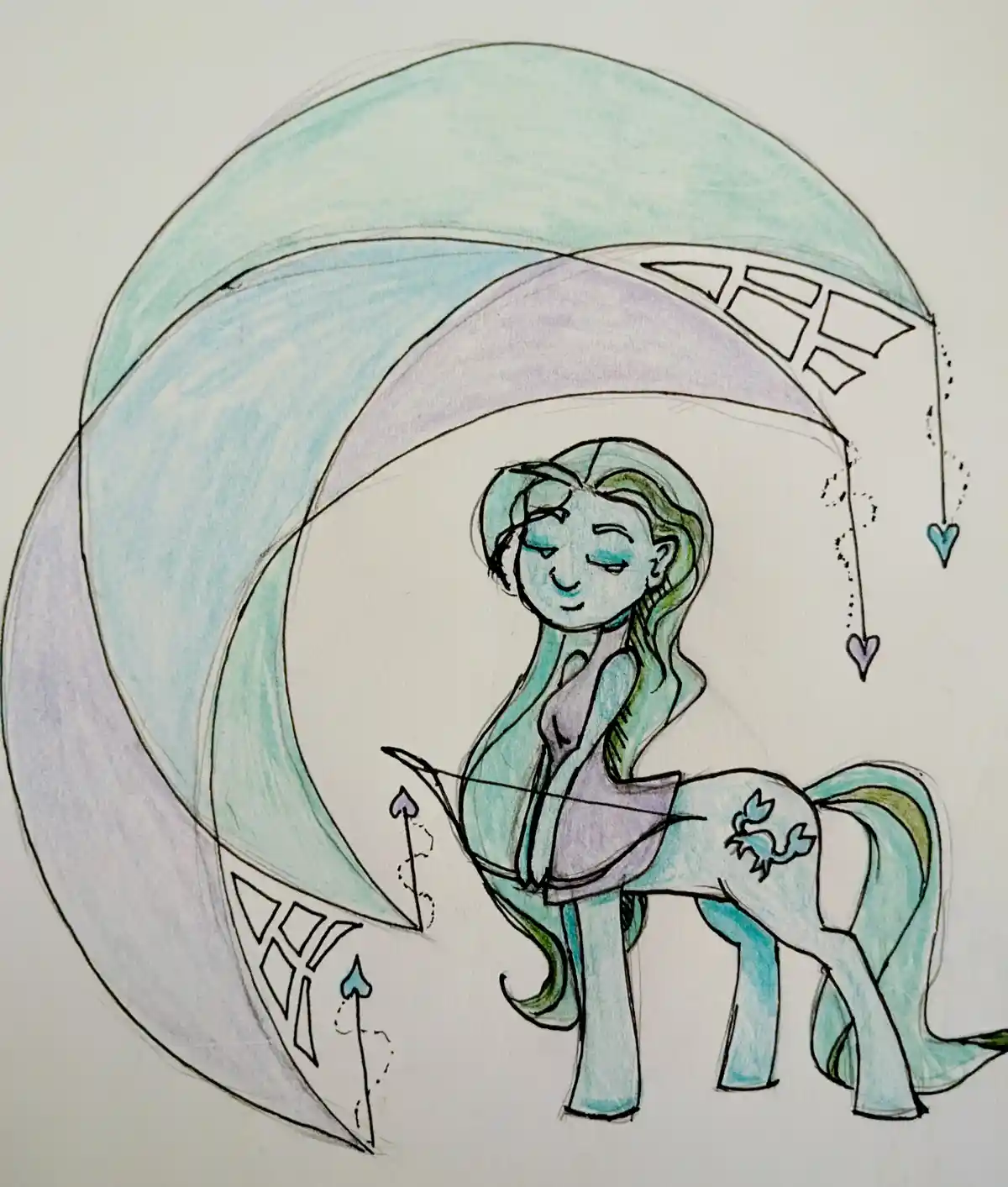 A hand-drawn illustration shows a pony with human-like facial features and a serene expression, sitting calmly within a…