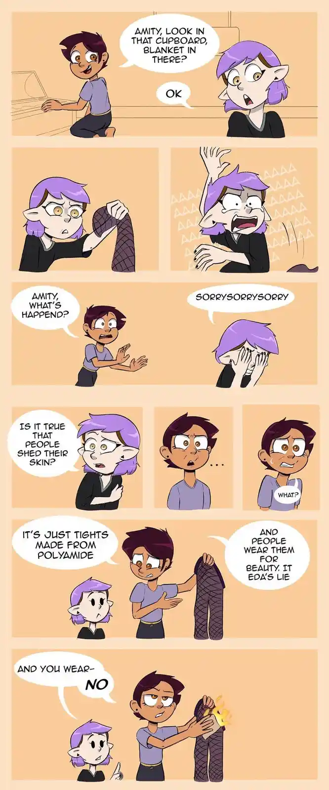 A comic strip featuring two animated characters, one with purple hair and pointed ears, the other with dark hair. The…