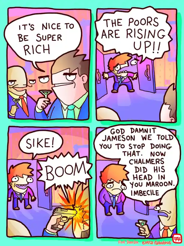 A four-panel comic strip shows two rich men at a party. One says, 'It's nice to be super rich,' while the other panics…
