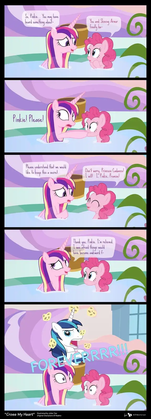 A five-panel comic strip featuring Princess Cadance and Pinkie Pie in a bathtub. Cadance nervously tells Pinkie Pie about…