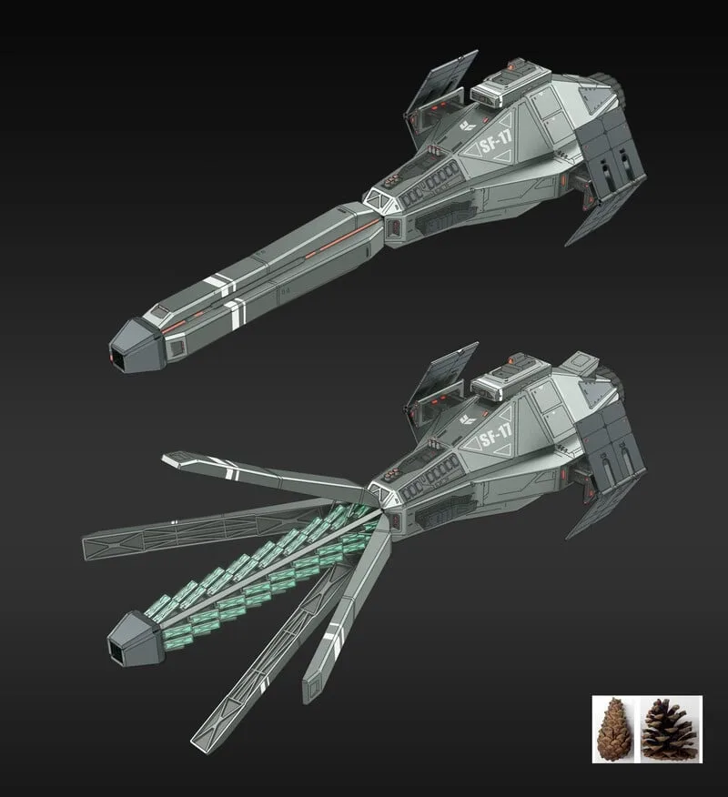 Two views of a grey sci-fi spaceship labeled 'SF-17' are shown against a black background. The top view shows the ship's…