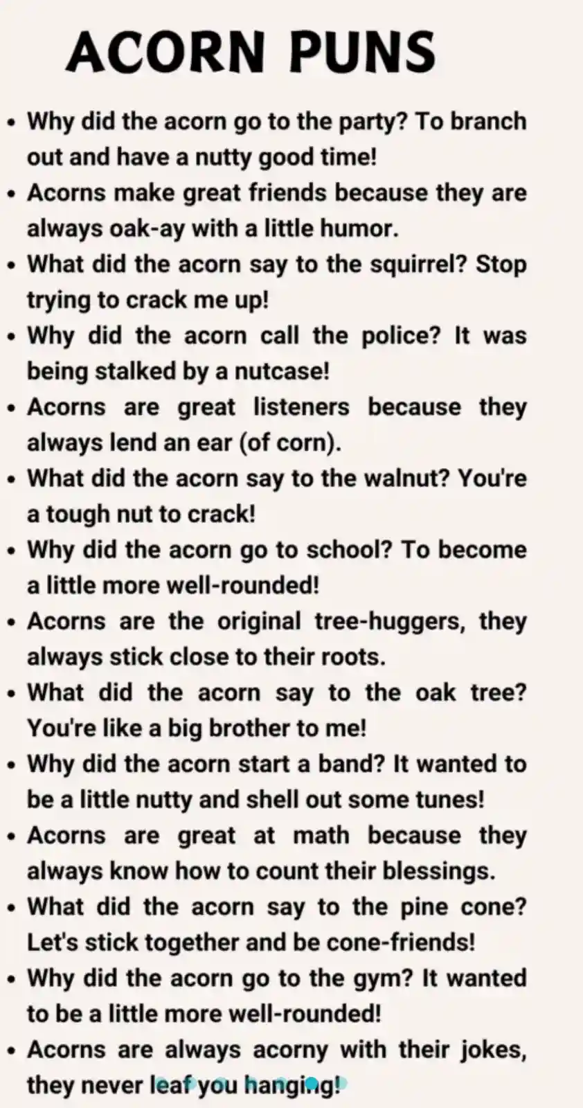 The image displays a list of acorn-themed puns under the heading 'ACORN PUNS'. Each joke uses wordplay involving acorns, oak…