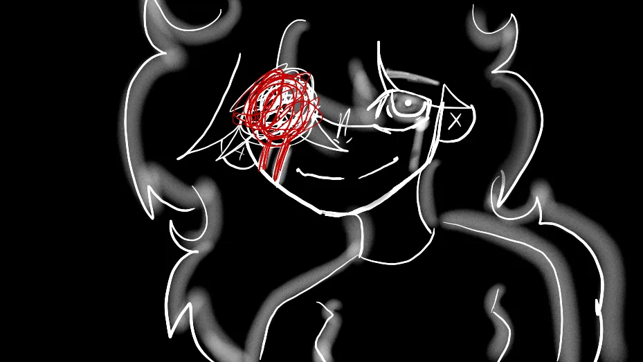 A crudely drawn anime-style character with one eye scribbled out in red and the other eye marked with an 'x', set against a…