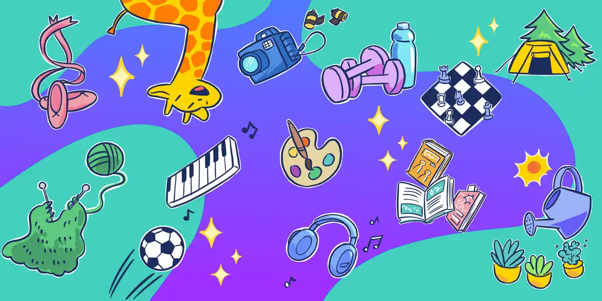 A colorful, cartoon-style illustration shows various hobbies and interests floating in a purple and teal background…