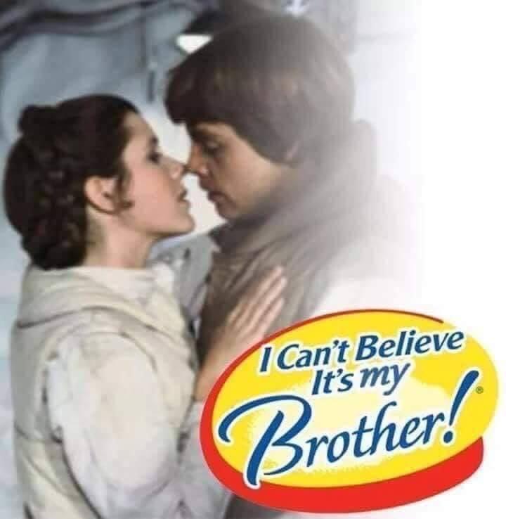 A still from Star Wars shows Princess Leia and Luke Skywalker about to kiss, overlaid with the yellow and red oval logo of…