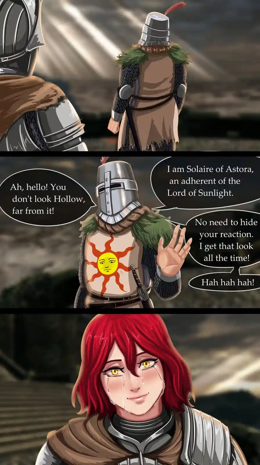 A three-panel comic strip featuring a knight in armor with a sun emblem on his chest, who introduces himself as Solaire of…