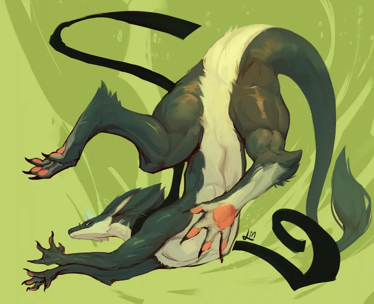 An anthropomorphic dragon with dark grey and white fur, muscular build, and long black tails is depicted in a dynamic…
