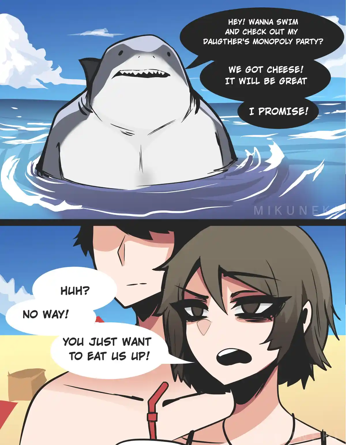 A cartoon shark emerges from ocean water, inviting beachgoers to a 'daughter's Monopoly party' promising 'cheese' and a…
