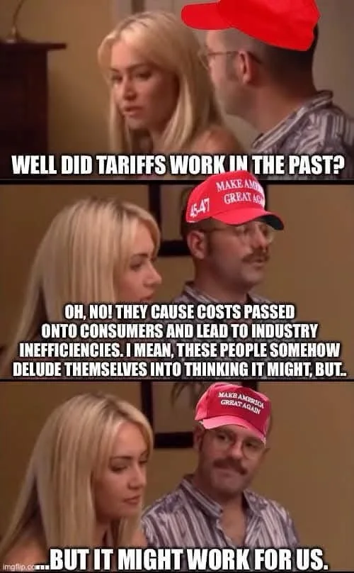 A three-panel meme featuring a man wearing a red 'Make America Great Again' cap and a woman with blonde hair. In the first…