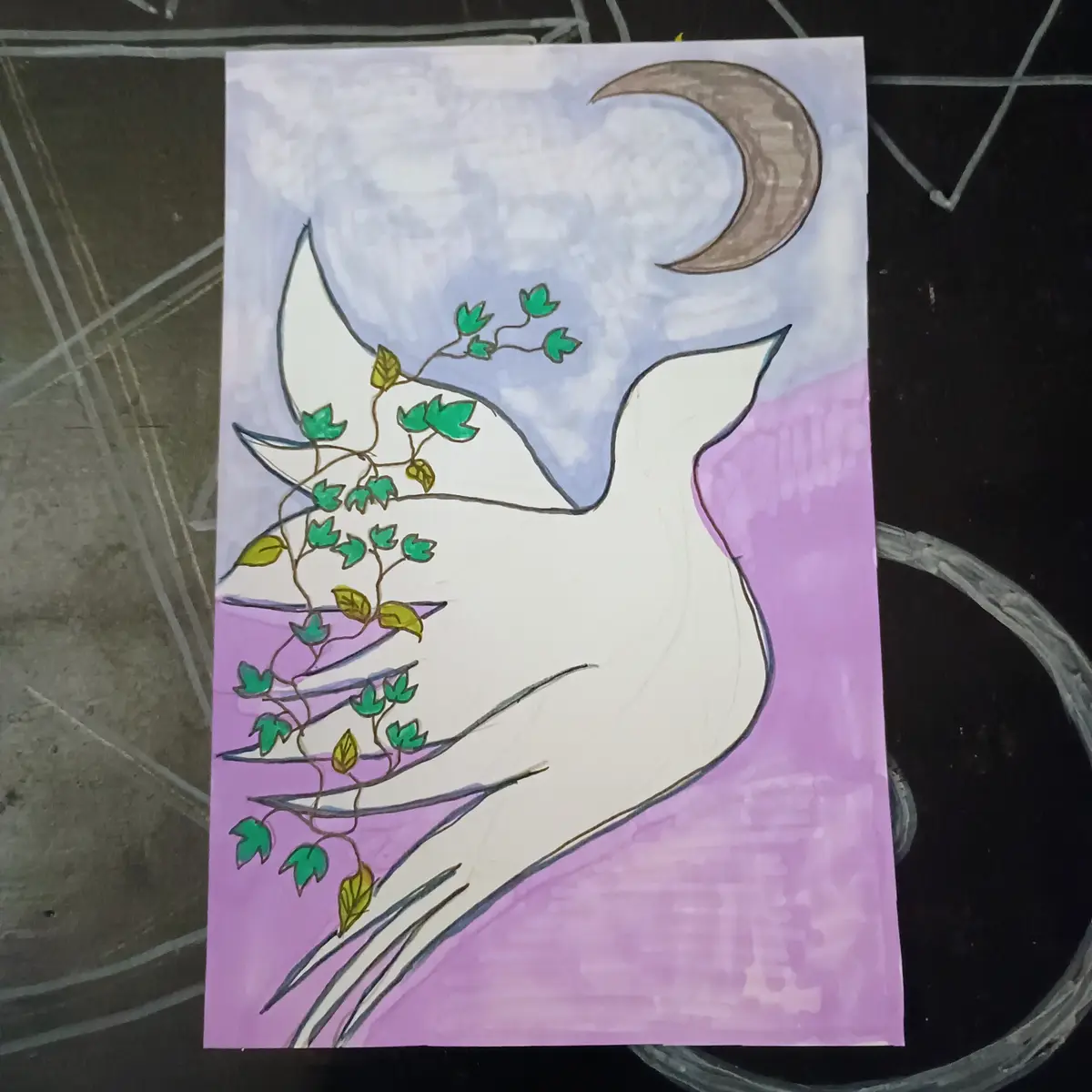 A hand-drawn illustration shows a white, stylized fox silhouette against a purple and blue sky with a crescent moon. Green…
