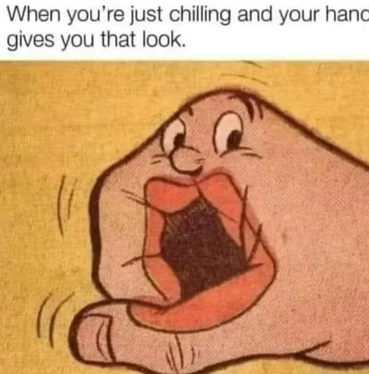 A cartoon hand with a wide-open mouth and bulging eyes, appearing to scream or shout, set against a yellow background. The…