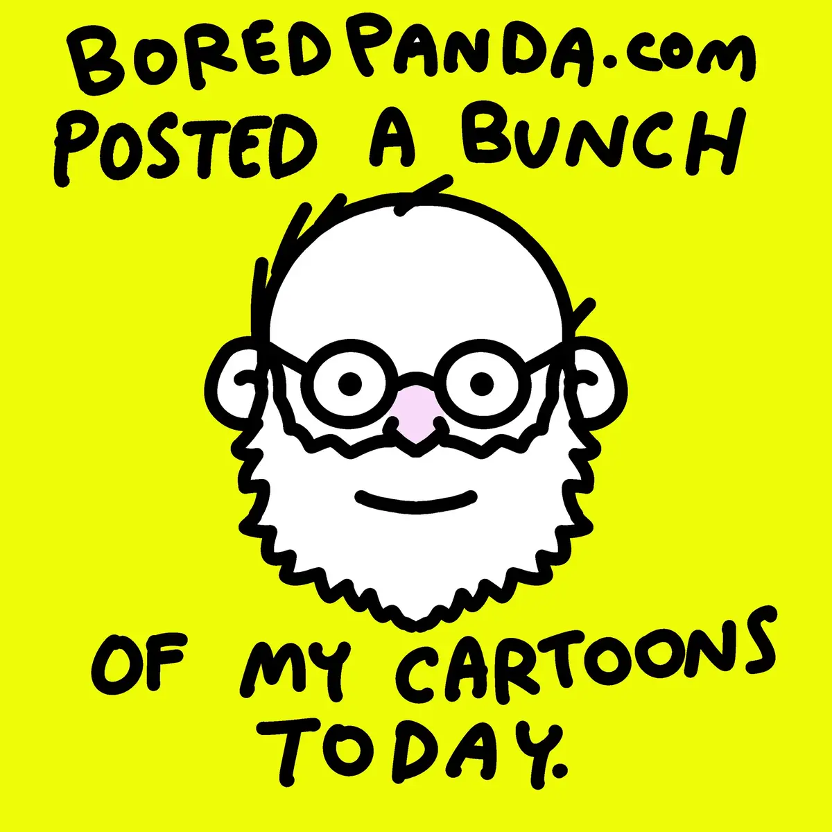 A bright yellow background features a cartoon drawing of a bald man with glasses and a full white beard. The text overlaid…