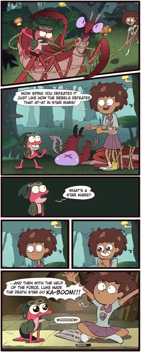 A four-panel comic strip from 'Amphibia' shows Sprig and Anne defeating a giant insect. Anne excitedly compares the victory…