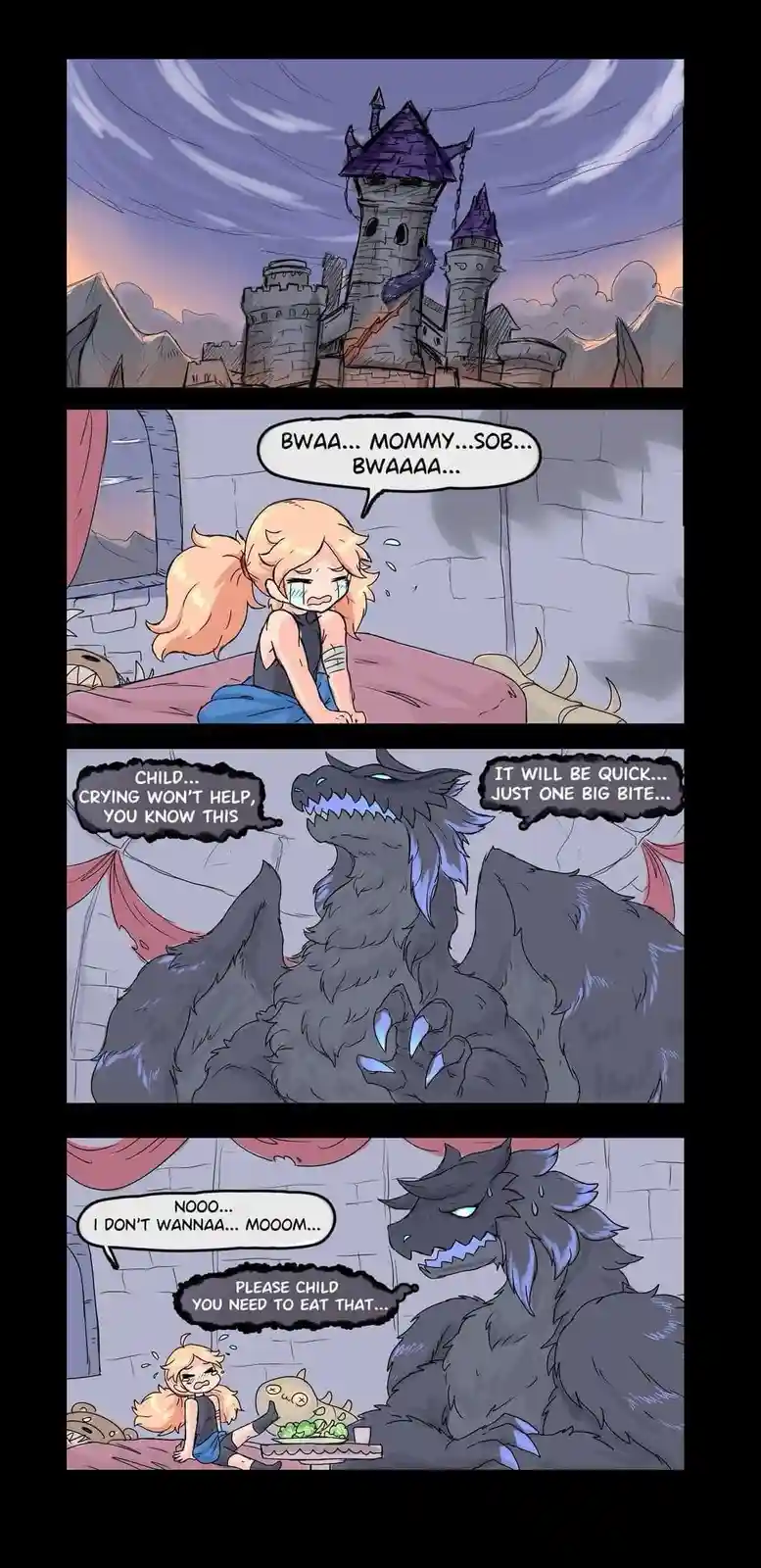 A four-panel comic depicts a young girl crying on a bed in a castle, pleading with her dragon mother who is about to eat her…