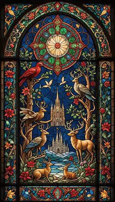 A stained glass window depicts a fantastical scene with deer, birds, and trees surrounding a distant castle under a blue…