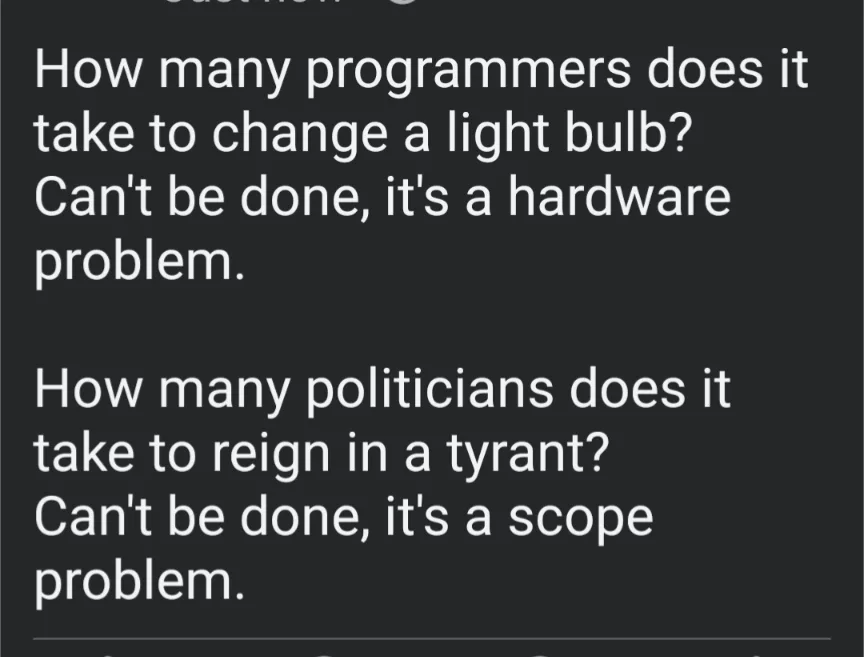 A dark gray background displays two jokes in white text. The first joke asks how many programmers it takes to change a light…