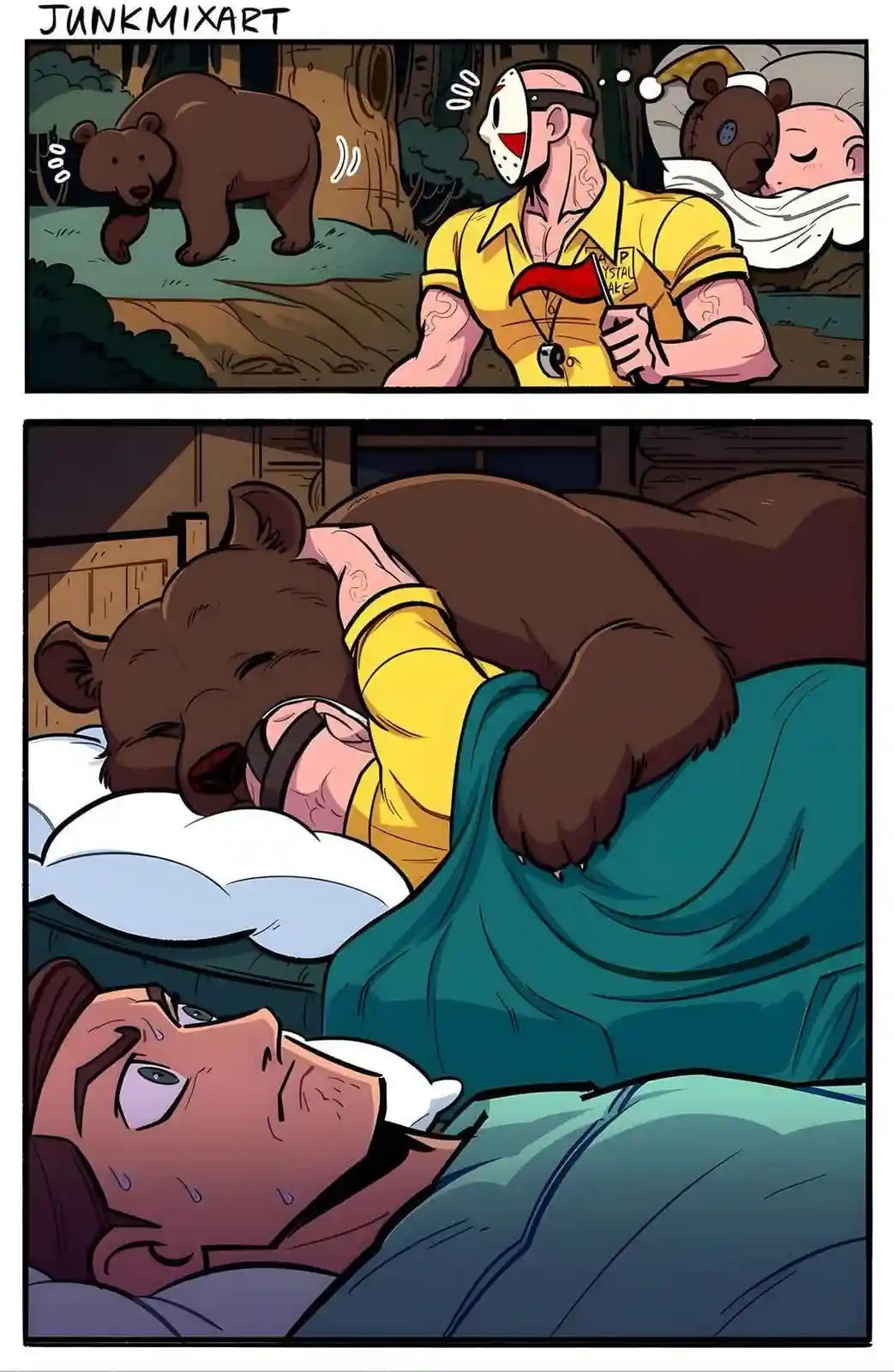 The comic strip shows a muscular man in a yellow shirt and Jason Voorhees-style hockey mask holding a machete, with a bear…
