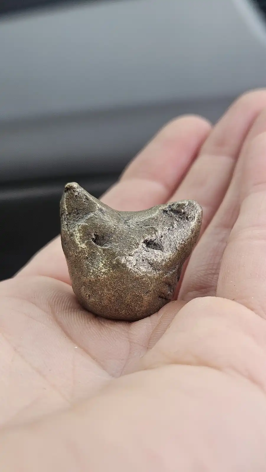 A close-up photo shows a person's hand holding a small, irregularly shaped, metallic-looking rock that vaguely resembles a…