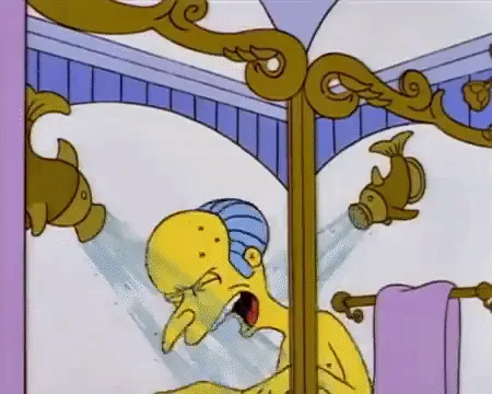 The image is a four-panel meme from The Simpsons. Top three panels show Homer Simpson in a shower, screaming in agony as…
