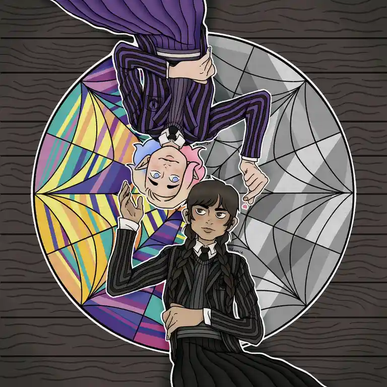 An illustration shows two anime-style characters, one with pink hair and a purple striped outfit upside down, and another…