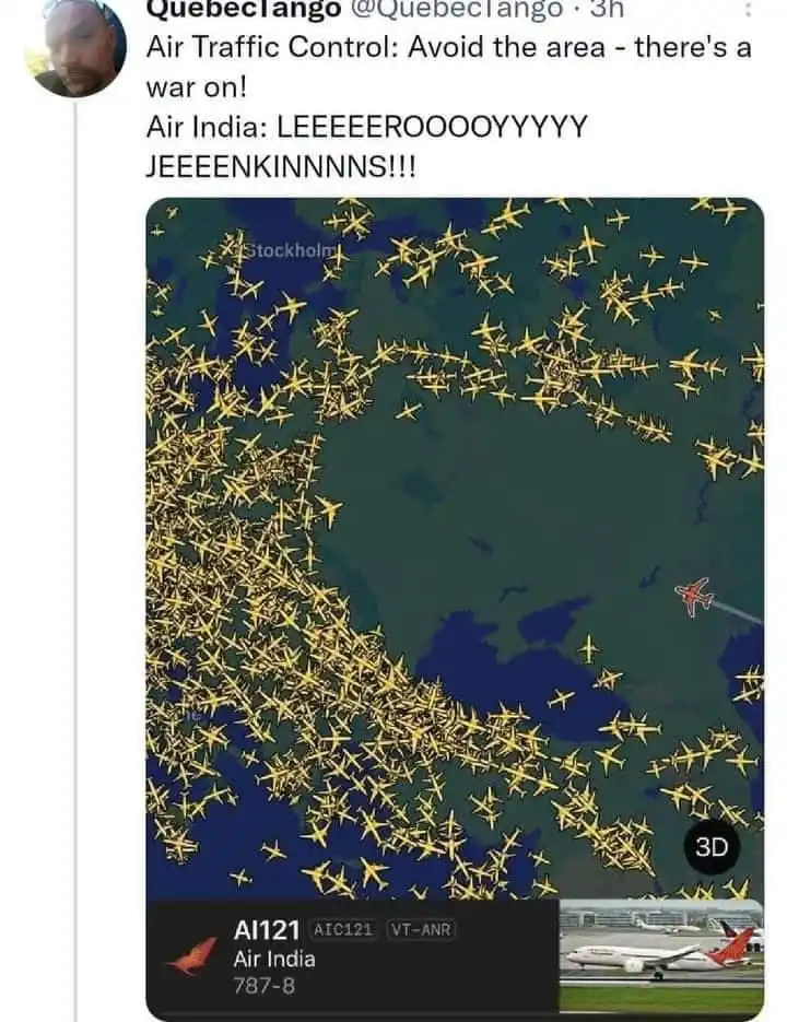 A screenshot of a flight tracking map showing a dense cluster of yellow airplane icons over Europe, with a single red…