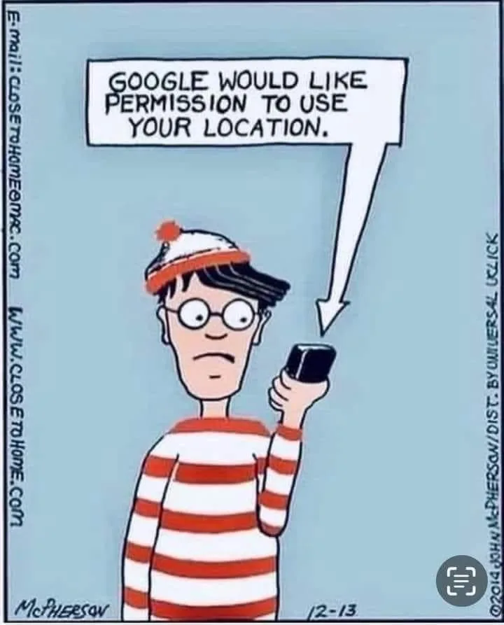 A cartoon of the character Waldo, wearing his iconic red-and-white striped shirt and hat, holding a smartphone with a…