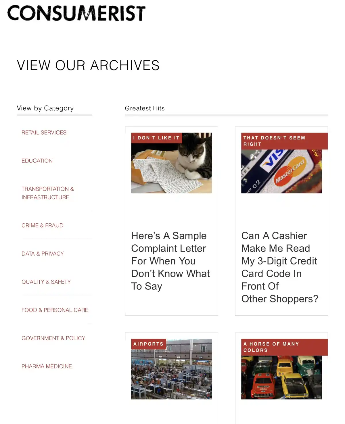A screenshot of the Consumerist website's archives page, showing four article thumbnails. The top-left thumbnail features a…