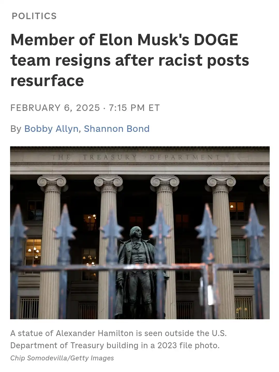 A news article screenshot shows a headline about a DOGE team member resigning over racist posts, paired with a photo of a…